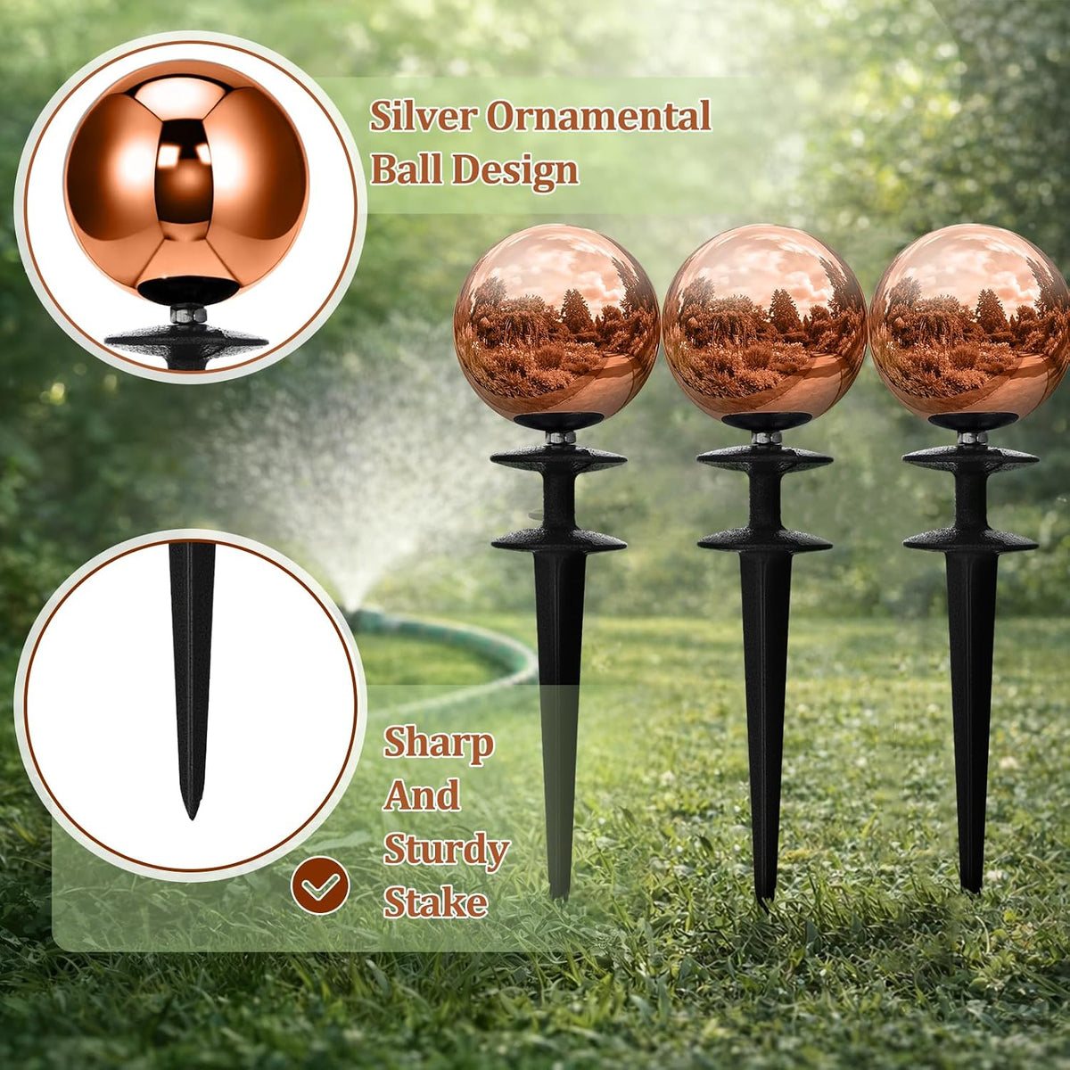 3 Pcs Garden Hose Guide Spike 13.5'' Decorative Ball, Silver