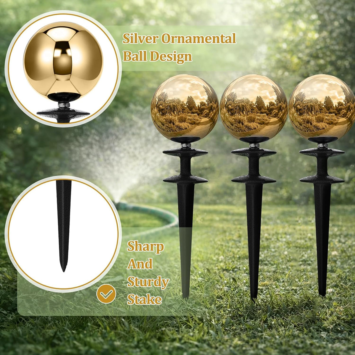 3 Pcs Garden Hose Guide Spike 13.5'' Decorative Ball, Silver