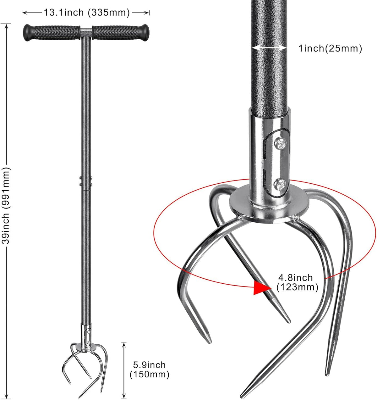 Manual Twist Tiller, All-Steel Garden Claw Cultivator with 4 Curved Claws and Soft Rubber Handle, Hand Tiller Garden Claw for Gardening Bed and Plant Box (39'')