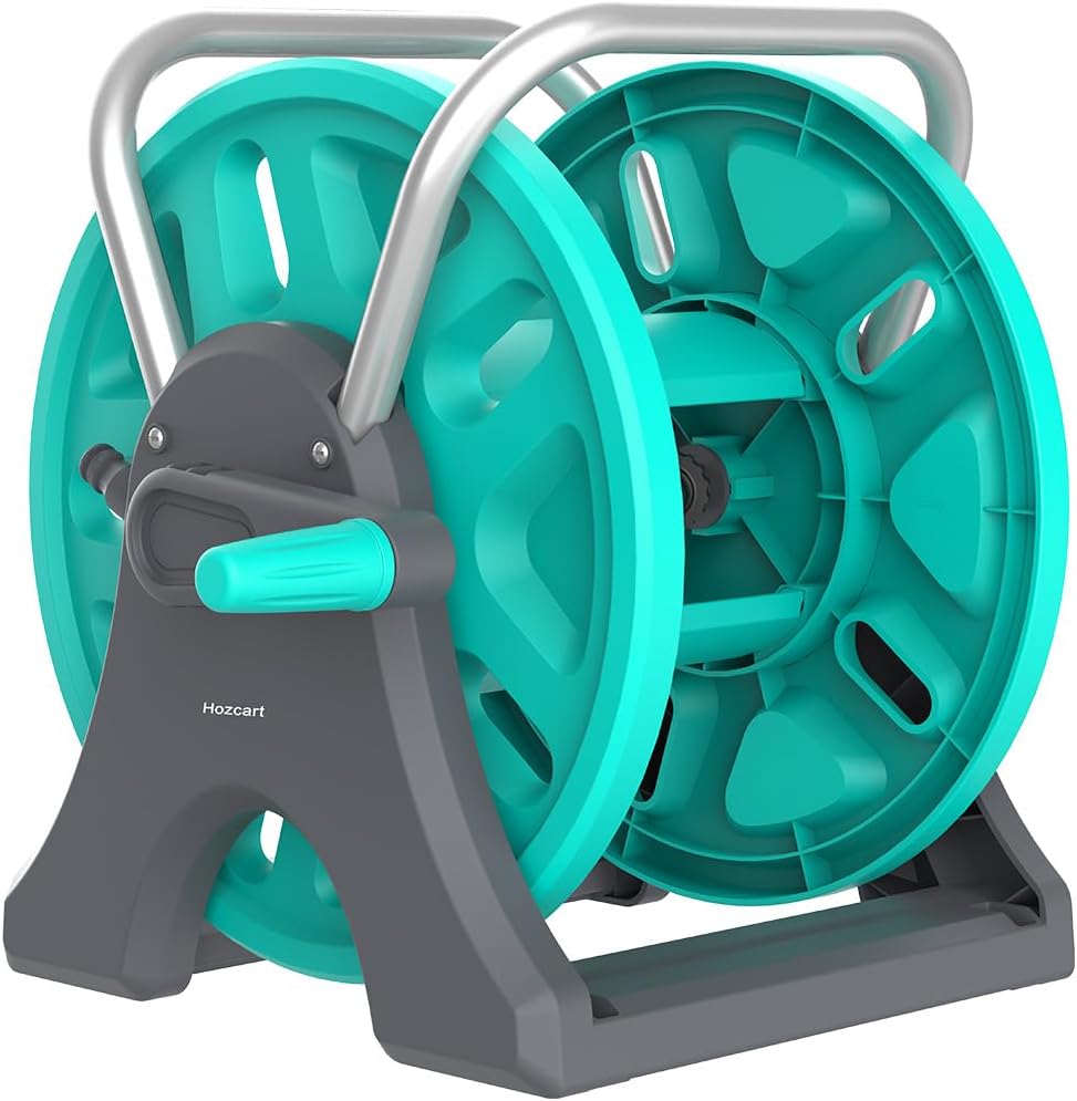 Garden Hose Reel Cart,Portable Hose Reel Holder Hold Up to 50-80 Feet of 5/8" Hose,Wall Mounted Water Hose Reel,Upgraded Plastic Wheels for Outside Car Washing, Watering (Blue, 80FT)
