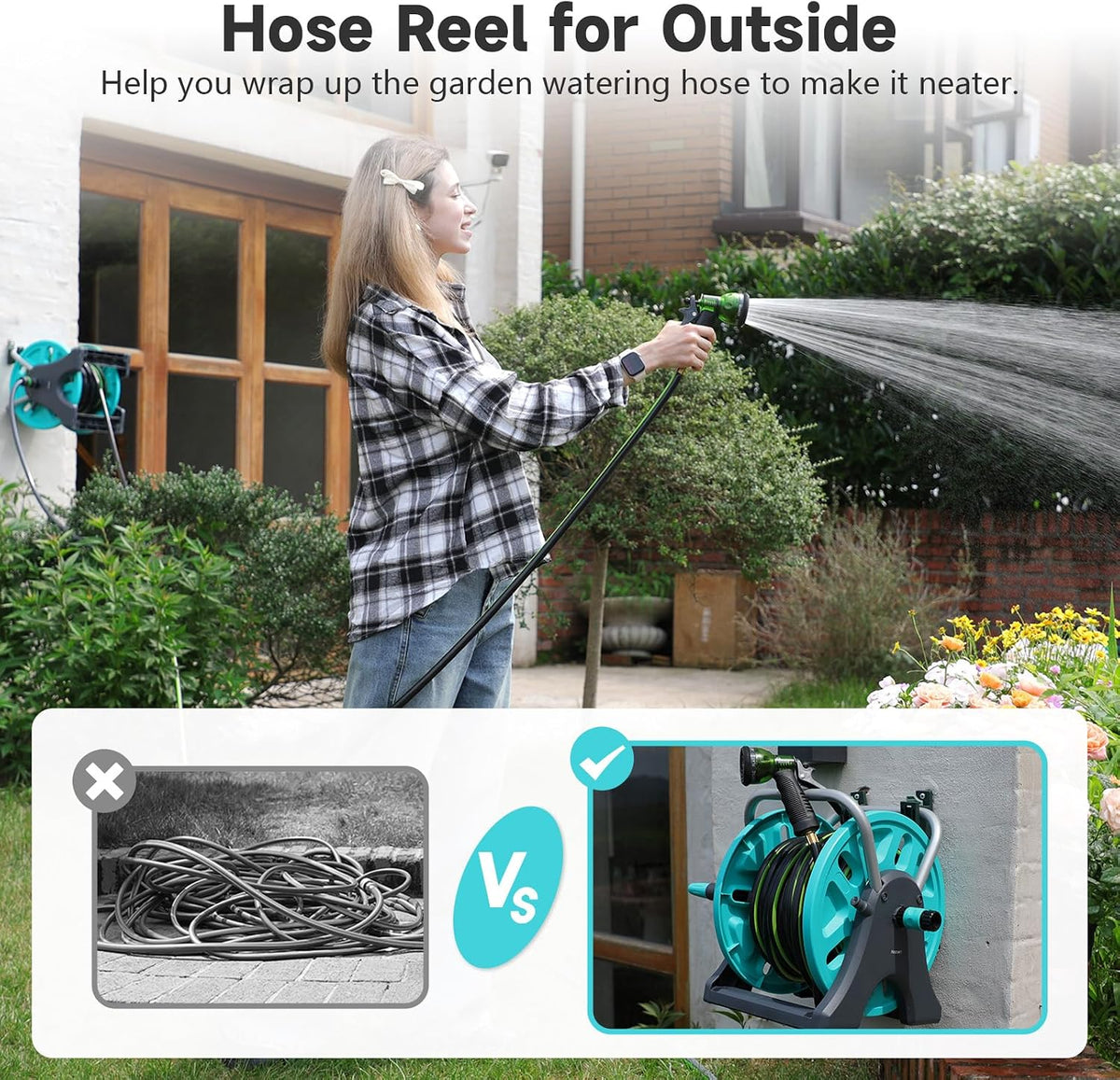 Garden Hose Reel Cart,Portable Hose Reel Holder Hold Up to 50-80 Feet of 5/8" Hose,Wall Mounted Water Hose Reel,Upgraded Plastic Wheels for Outside Car Washing, Watering (Blue, 80FT)