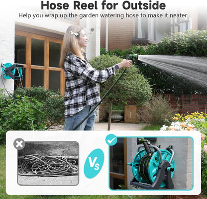 Garden Hose Reel Cart,Portable Hose Reel Holder Hold Up to 50-80 Feet of 5/8" Hose,Wall Mounted Water Hose Reel,Upgraded Plastic Wheels for Outside Car Washing, Watering (Blue, 80FT)