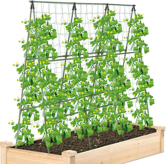 Cucumber Trellis for Raised Bed, 2 Pack 4ft Tall A-Frame, Garden Trellis for Climbing Plants Outdoor, Perfect for Vines, Beans - Green with Netting