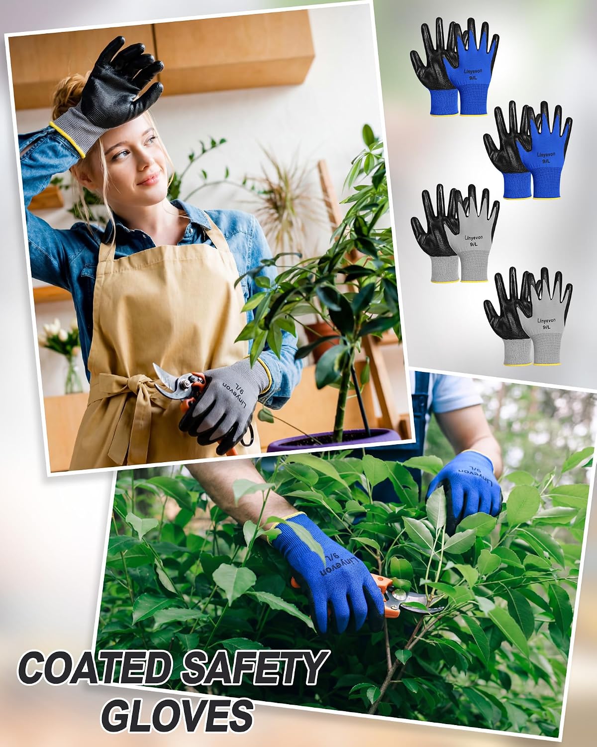 Pairs PU Coated Work Gloves Bulk, Reusable Rubber Safety Gloves for Men Women Work Warehouse, Mechanic, Woodworking
