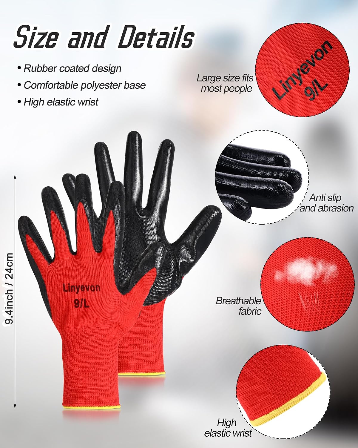 Pairs PU Coated Work Gloves Bulk, Reusable Rubber Safety Gloves for Men Women Work Warehouse, Mechanic, Woodworking