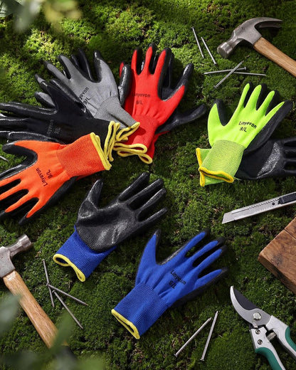 Pairs PU Coated Work Gloves Bulk, Reusable Rubber Safety Gloves for Men Women Work Warehouse, Mechanic, Woodworking