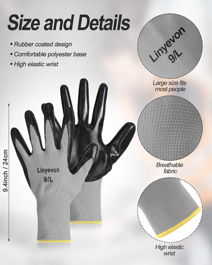 Pairs PU Coated Work Gloves Bulk, Reusable Rubber Safety Gloves for Men Women Work Warehouse, Mechanic, Woodworking