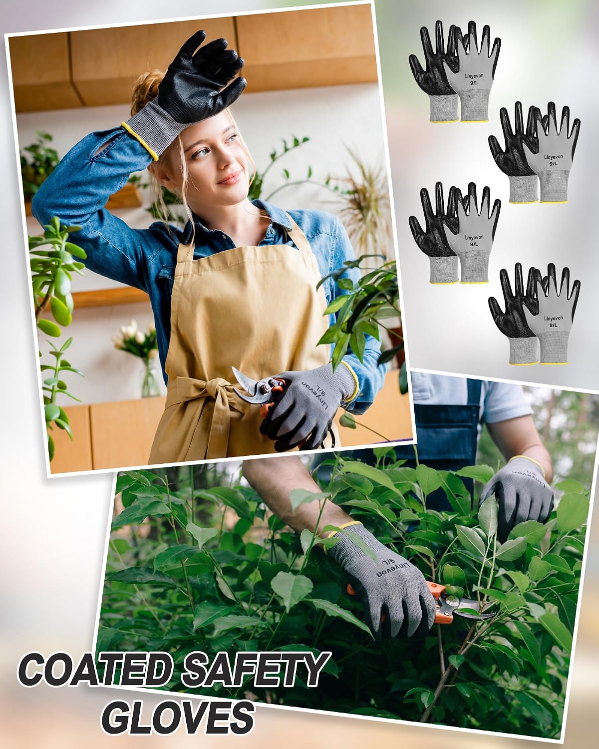 Pairs PU Coated Work Gloves Bulk, Reusable Rubber Safety Gloves for Men Women Work Warehouse, Mechanic, Woodworking