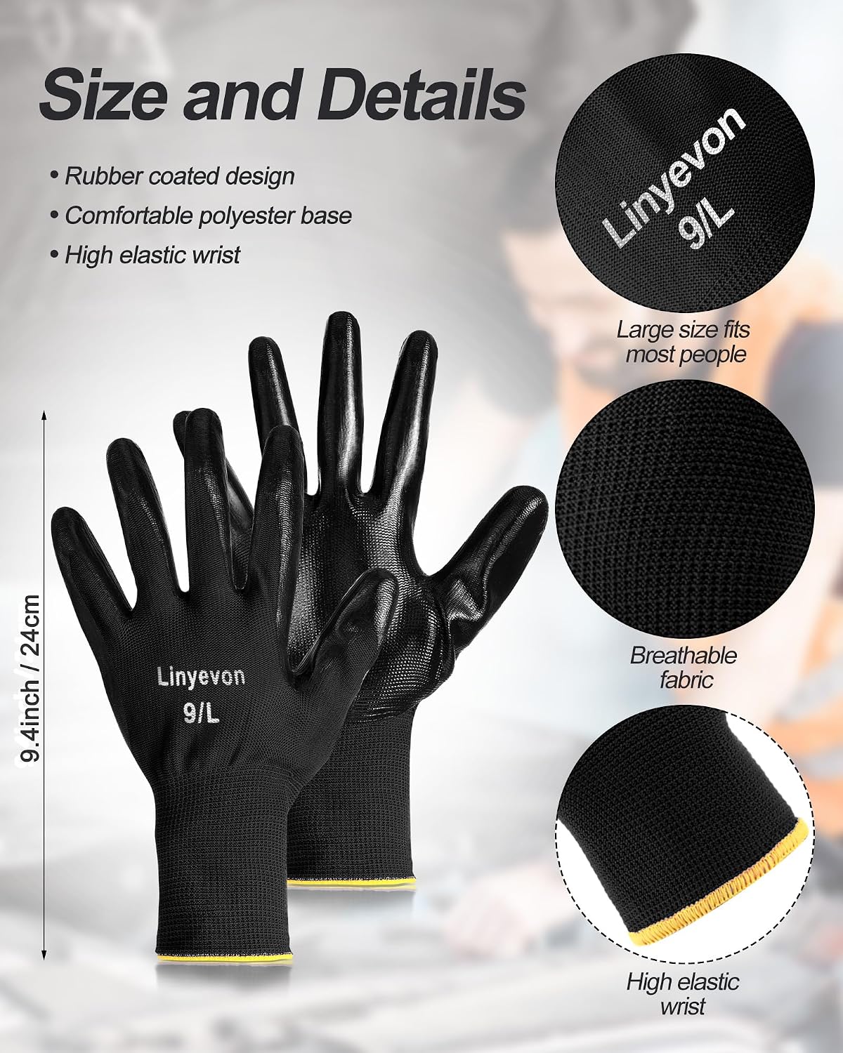 Pairs PU Coated Work Gloves Bulk, Reusable Rubber Safety Gloves for Men Women Work Warehouse, Mechanic, Woodworking