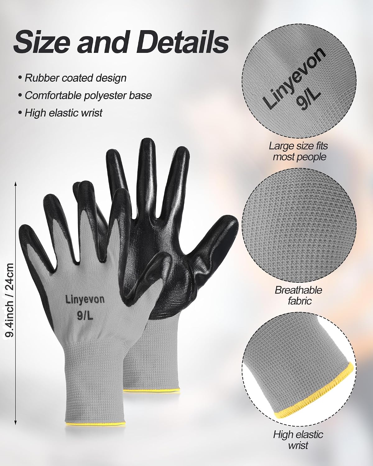Pairs PU Coated Work Gloves Bulk, Reusable Rubber Safety Gloves for Men Women Work Warehouse, Mechanic, Woodworking