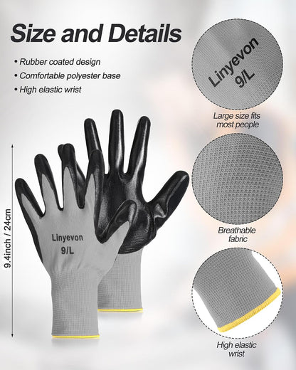 Pairs PU Coated Work Gloves Bulk, Reusable Rubber Safety Gloves for Men Women Work Warehouse, Mechanic, Woodworking