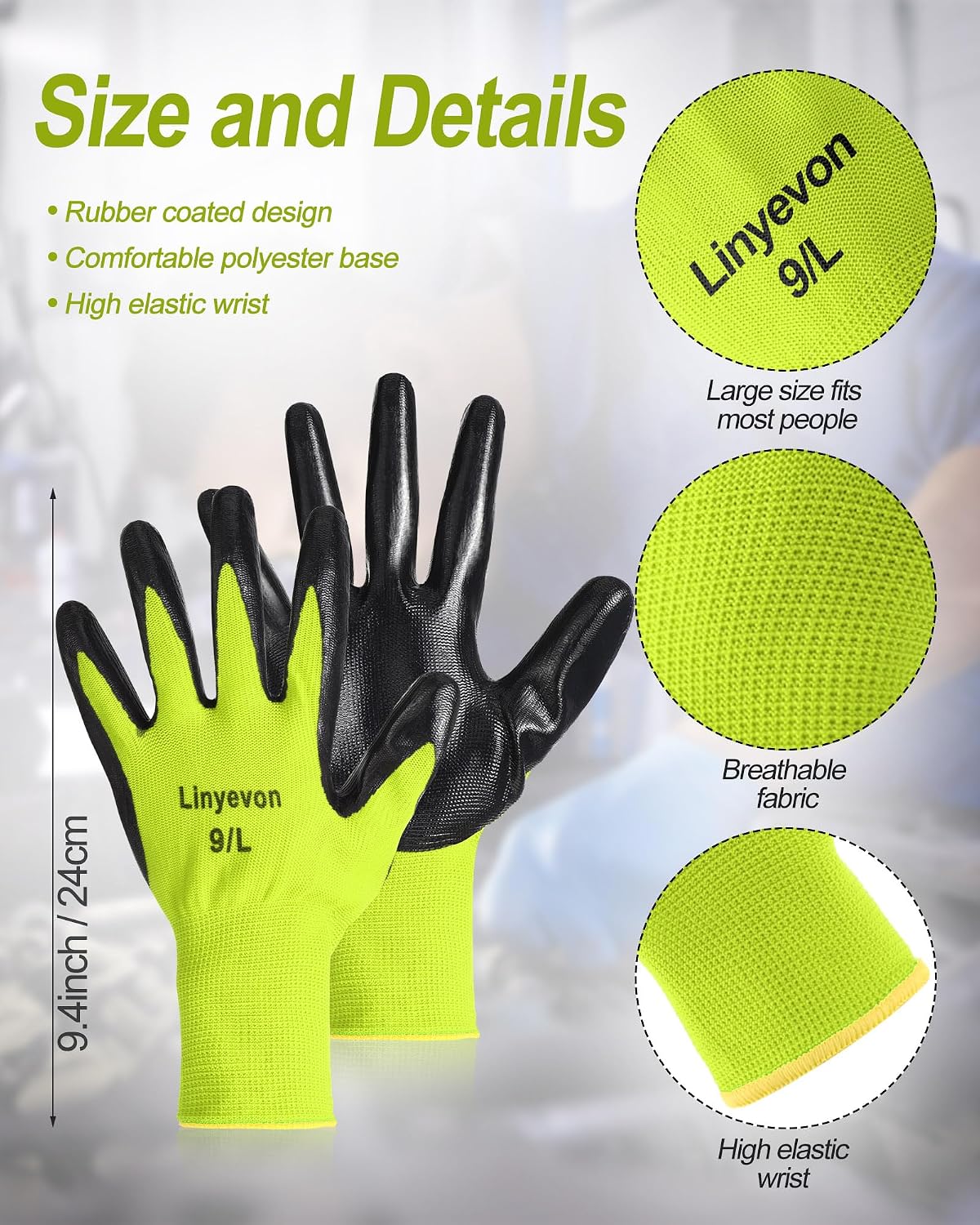 Pairs PU Coated Work Gloves Bulk, Reusable Rubber Safety Gloves for Men Women Work Warehouse, Mechanic, Woodworking