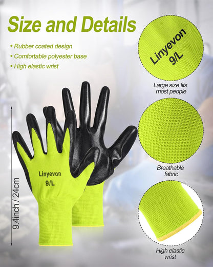 Pairs PU Coated Work Gloves Bulk, Reusable Rubber Safety Gloves for Men Women Work Warehouse, Mechanic, Woodworking