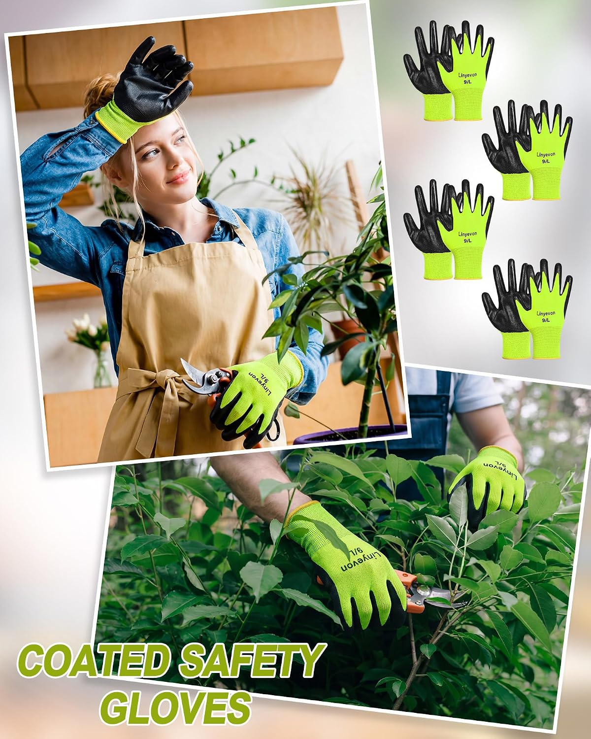 Pairs PU Coated Work Gloves Bulk, Reusable Rubber Safety Gloves for Men Women Work Warehouse, Mechanic, Woodworking
