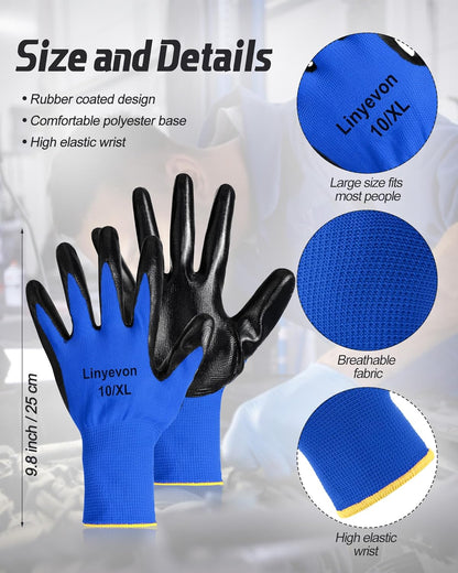 Pairs PU Coated Work Gloves Bulk, Reusable Rubber Safety Gloves for Men Women Work Warehouse, Mechanic, Woodworking