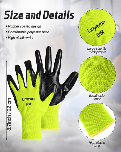 Pairs PU Coated Work Gloves Bulk, Reusable Rubber Safety Gloves for Men Women Work Warehouse, Mechanic, Woodworking
