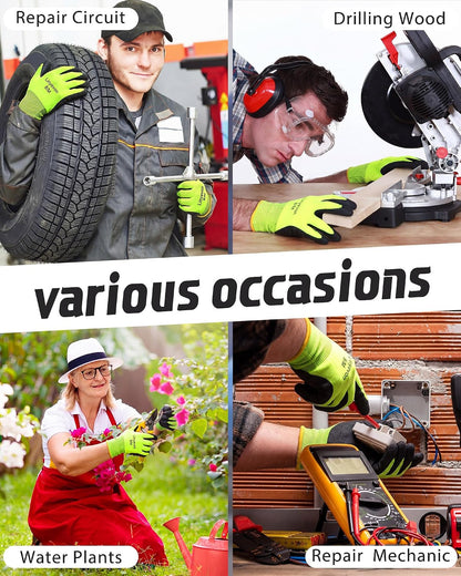 Pairs PU Coated Work Gloves Bulk, Reusable Rubber Safety Gloves for Men Women Work Warehouse, Mechanic, Woodworking