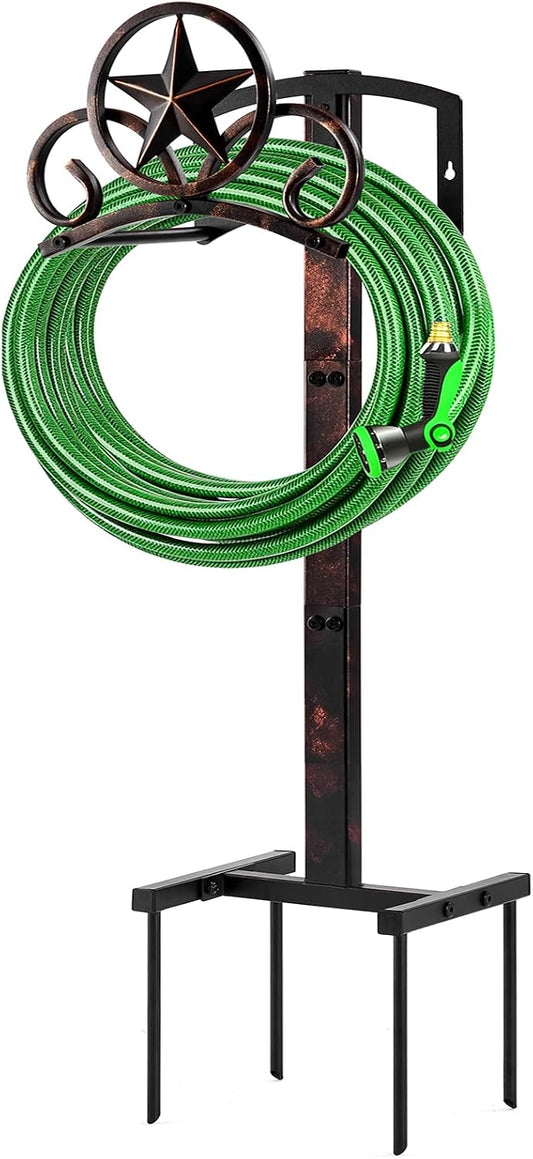 Garden Hose Holder Stand, Decorative Vintage Rustic Hose Rack with Star Design, Heavy Duty 41" Tall Metal Hose Storage for Yard/Lawn/Farm, Freestanding Hose Holder Holds up to 160Ft Hose