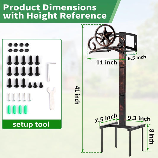 Garden Hose Holder Stand, Decorative Vintage Rustic Hose Rack with Star Design, Heavy Duty 41" Tall Metal Hose Storage for Yard/Lawn/Farm, Freestanding Hose Holder Holds up to 160Ft Hose