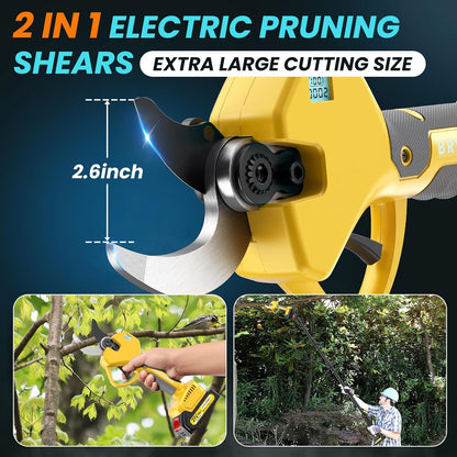 Electric Pruning Shears Cordless 2.6 Inches & Electric Pole Pruner 2-IN-1 with 8ft Pole Reach To 14ft, 2 * 2Ah Battery Pruning Shears, Cordless Pole Pruner Garden Tool for Tree Trimming Branch Cutter