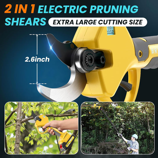 Electric Pruning Shears Cordless 2.6 Inches & Electric Pole Pruner 2-IN-1 with 8ft Pole Reach To 14ft, 2 * 2Ah Battery Pruning Shears, Cordless Pole Pruner Garden Tool for Tree Trimming Branch Cutter