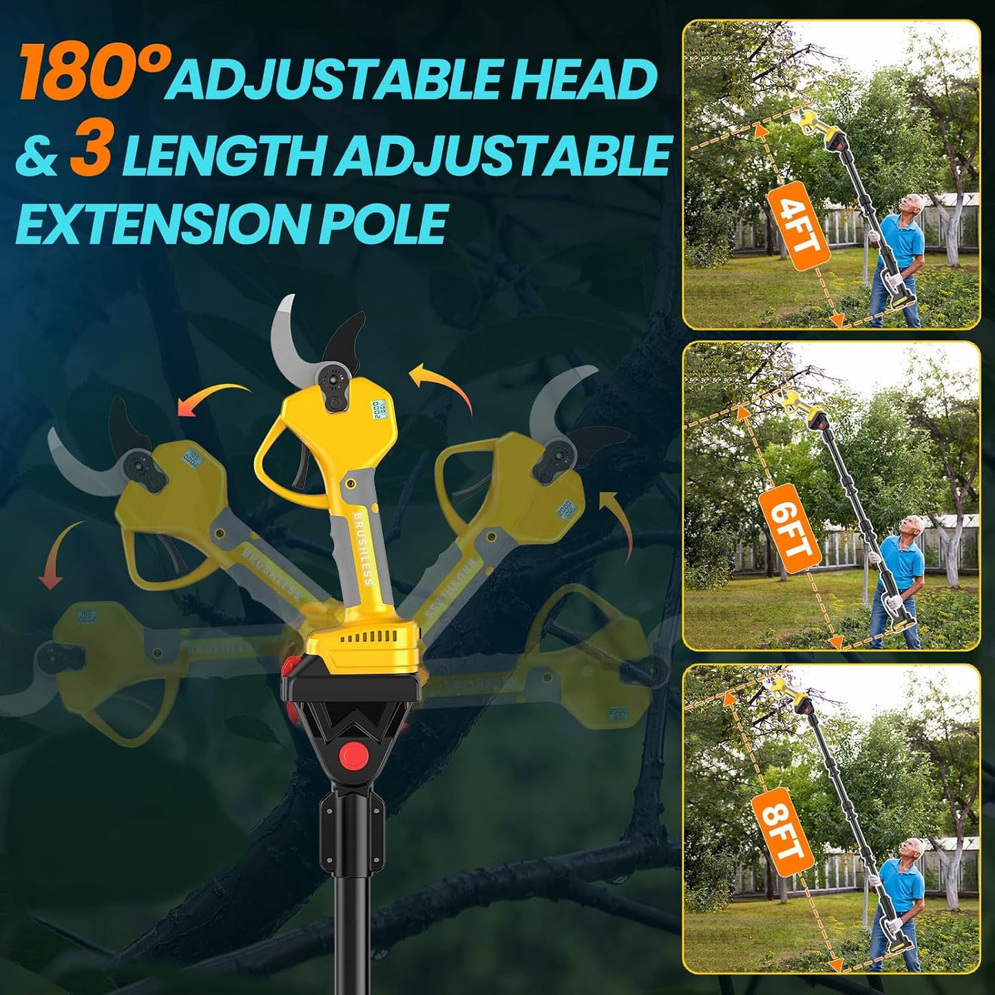 Electric Pruning Shears Cordless 2.6 Inches & Electric Pole Pruner 2-IN-1 with 8ft Pole Reach To 14ft, 2 * 2Ah Battery Pruning Shears, Cordless Pole Pruner Garden Tool for Tree Trimming Branch Cutter