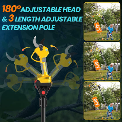Electric Pruning Shears Cordless 2.6 Inches & Electric Pole Pruner 2-IN-1 with 8ft Pole Reach To 14ft, 2 * 2Ah Battery Pruning Shears, Cordless Pole Pruner Garden Tool for Tree Trimming Branch Cutter
