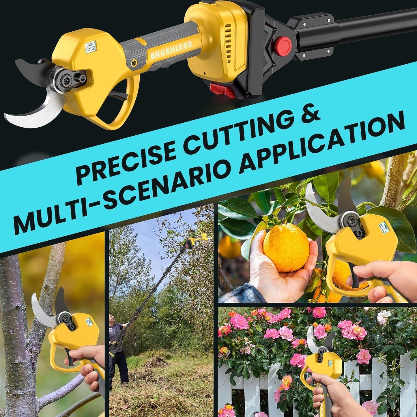 Electric Pruning Shears Cordless 2.6 Inches & Electric Pole Pruner 2-IN-1 with 8ft Pole Reach To 14ft, 2 * 2Ah Battery Pruning Shears, Cordless Pole Pruner Garden Tool for Tree Trimming Branch Cutter