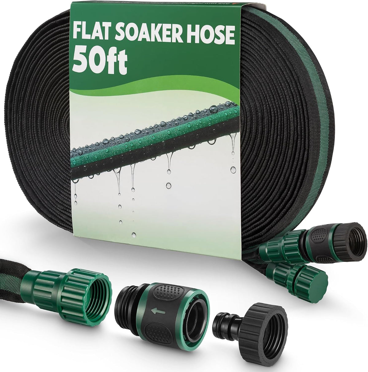 Flat Soaker Hose 50ft for Garden // Drip Hose for Garden Beds, Lawns and Trees // Heavy Duty Leakproof Design with Quick Connect // Linkable Irrigation System for Vegetables and Flowers