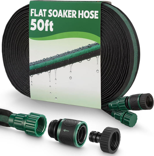 Flat Soaker Hose 50ft for Garden // Drip Hose for Garden Beds, Lawns and Trees // Heavy Duty Leakproof Design with Quick Connect // Linkable Irrigation System for Vegetables and Flowers