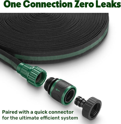 Flat Soaker Hose 50ft for Garden // Drip Hose for Garden Beds, Lawns and Trees // Heavy Duty Leakproof Design with Quick Connect // Linkable Irrigation System for Vegetables and Flowers
