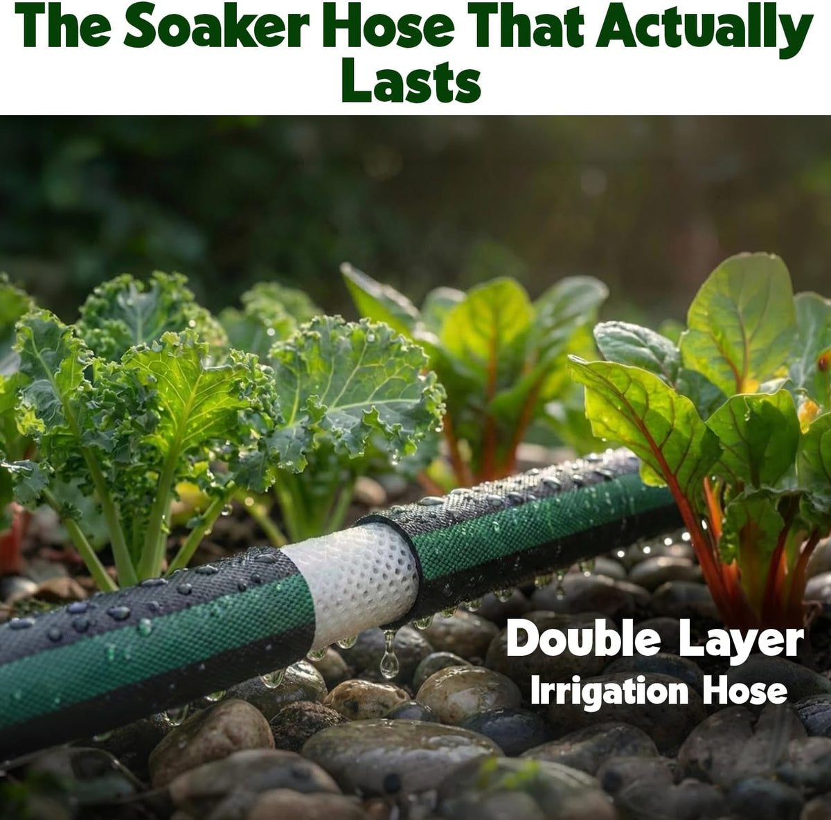 Flat Soaker Hose 50ft for Garden // Drip Hose for Garden Beds, Lawns and Trees // Heavy Duty Leakproof Design with Quick Connect // Linkable Irrigation System for Vegetables and Flowers