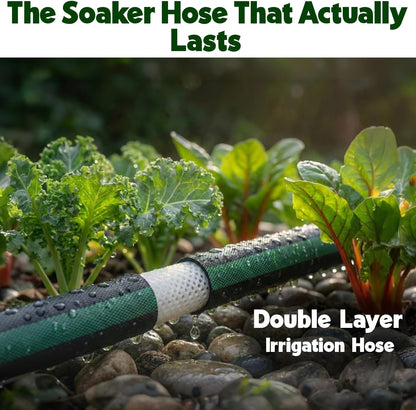 Flat Soaker Hose 50ft for Garden // Drip Hose for Garden Beds, Lawns and Trees // Heavy Duty Leakproof Design with Quick Connect // Linkable Irrigation System for Vegetables and Flowers