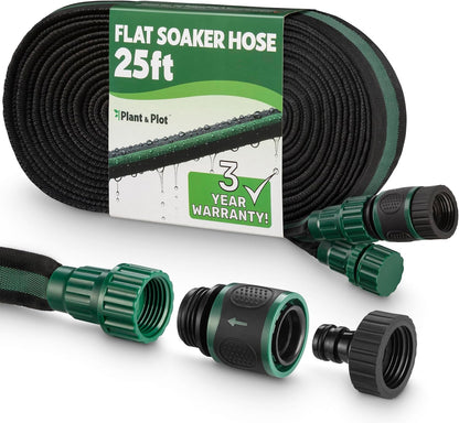Flat Soaker Hose 50ft for Garden // Drip Hose for Garden Beds, Lawns and Trees // Heavy Duty Leakproof Design with Quick Connect // Linkable Irrigation System for Vegetables and Flowers