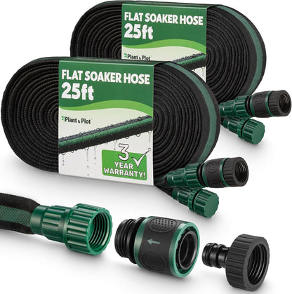 Flat Soaker Hose 50ft for Garden // Drip Hose for Garden Beds, Lawns and Trees // Heavy Duty Leakproof Design with Quick Connect // Linkable Irrigation System for Vegetables and Flowers