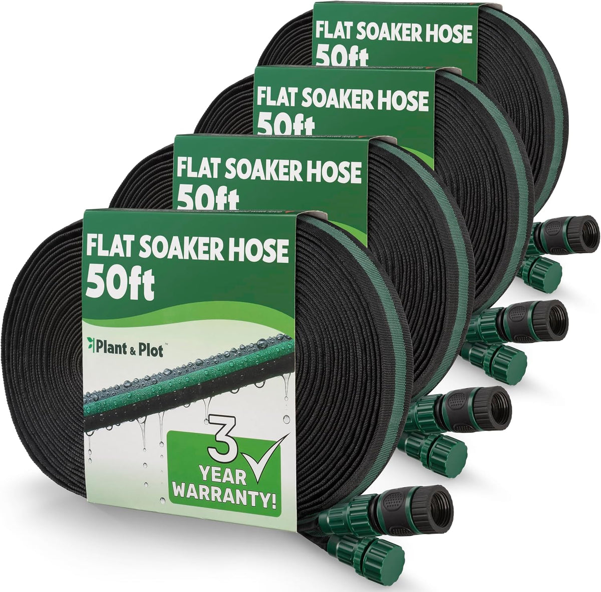 Flat Soaker Hose 50ft for Garden // Drip Hose for Garden Beds, Lawns and Trees // Heavy Duty Leakproof Design with Quick Connect // Linkable Irrigation System for Vegetables and Flowers