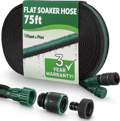 Flat Soaker Hose 50ft for Garden // Drip Hose for Garden Beds, Lawns and Trees // Heavy Duty Leakproof Design with Quick Connect // Linkable Irrigation System for Vegetables and Flowers