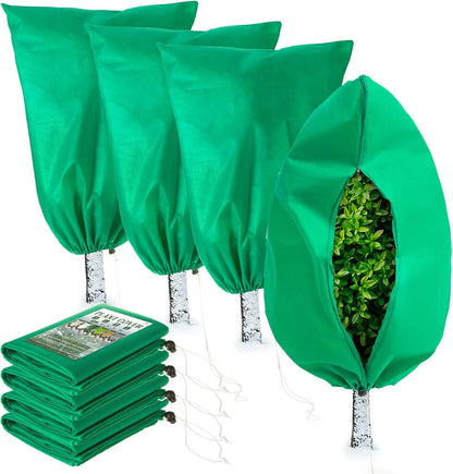 Plant Covers Freeze Protection, 4 Pack Frost Covers with Zipper Drawstring (23.6" x 31.5") Plant Protection Cover Bags for Outdoor Winter Frost Cold Weather Shrubs Trees Jacket Covers(Green)