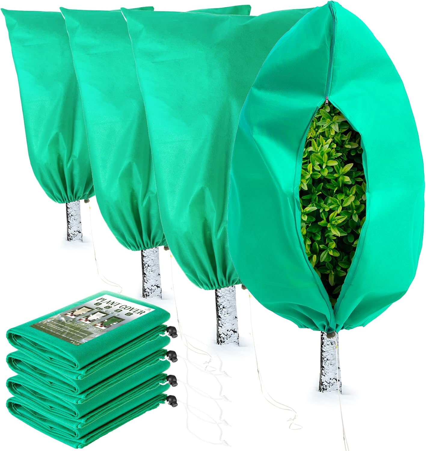 Plant Covers Freeze Protection, 4 Pack Frost Covers with Zipper Drawstring (23.6" x 31.5") Plant Protection Cover Bags for Outdoor Winter Frost Cold Weather Shrubs Trees Jacket Covers(Green)