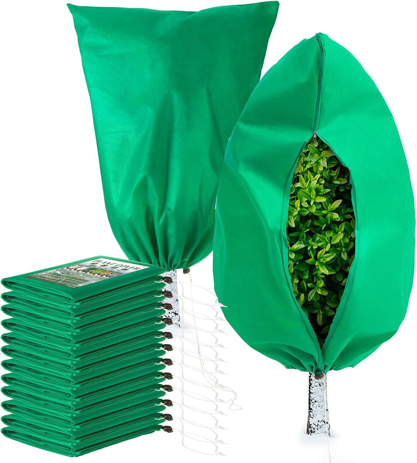Plant Covers Freeze Protection, 4 Pack Frost Covers with Zipper Drawstring (23.6" x 31.5") Plant Protection Cover Bags for Outdoor Winter Frost Cold Weather Shrubs Trees Jacket Covers(Green)