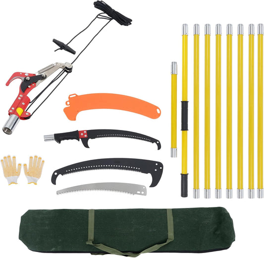 30FT Extendable Pole Saw, Manual Branch Trimmer with Long Handle, Manuals Tree Pruning Saws Band Scissors, 9 Knots Yellow