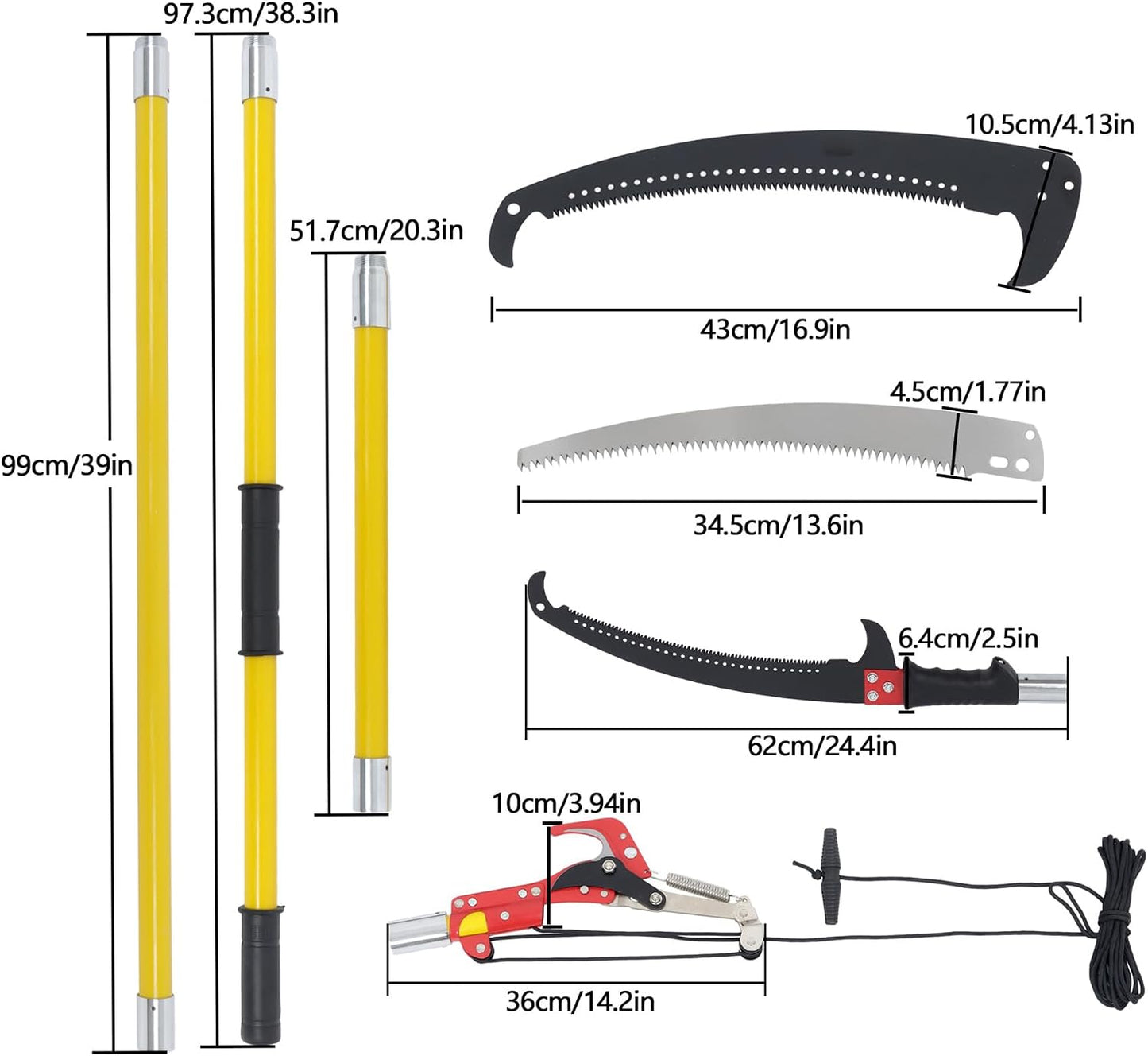 30FT Extendable Pole Saw, Manual Branch Trimmer with Long Handle, Manuals Tree Pruning Saws Band Scissors, 9 Knots Yellow