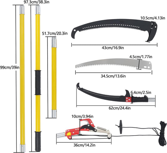 30FT Extendable Pole Saw, Manual Branch Trimmer with Long Handle, Manuals Tree Pruning Saws Band Scissors, 9 Knots Yellow