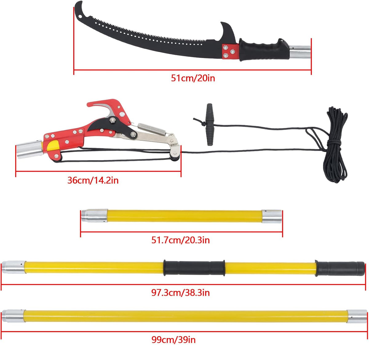 30FT Extendable Pole Saw, Manual Branch Trimmer with Long Handle, Manuals Tree Pruning Saws Band Scissors, 9 Knots Yellow