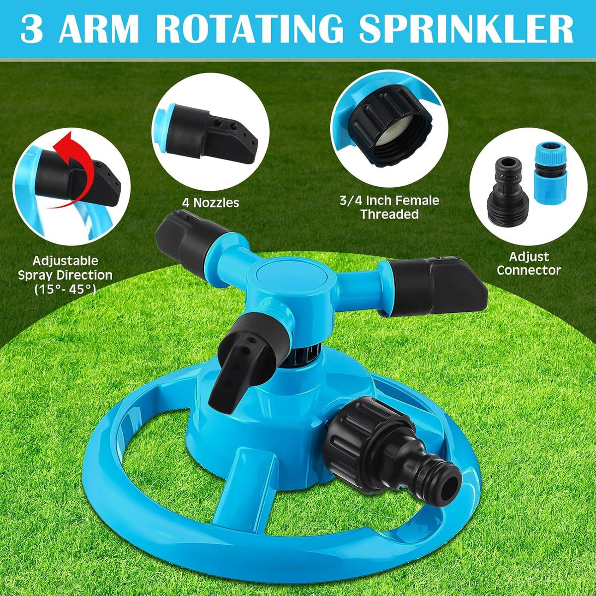2 Pack 360 Degree Rotating Lawn Sprinklers Automatic Garden Watering System for Yard and Garden, 3 Arm Design with 1/2 Connector for Efficient Irrigation
