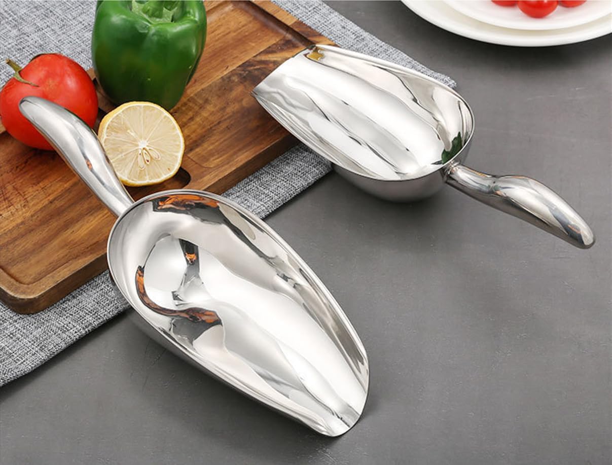 Stainless Steel Utility Scoop Set, Ergonomic Curved Handle, Ice Bar Flour Bean Kitchen Helper, Heavy Duty Garden Soil Spade, Mega Sized Bowl, Sterilizable, 58 oz And 12 oz, Set of 2