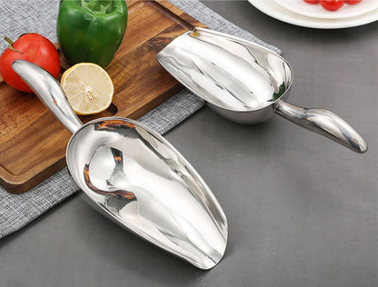 Stainless Steel Utility Scoop Set, Ergonomic Curved Handle, Ice Bar Flour Bean Kitchen Helper, Heavy Duty Garden Soil Spade, Mega Sized Bowl, Sterilizable, 58 oz And 12 oz, Set of 2