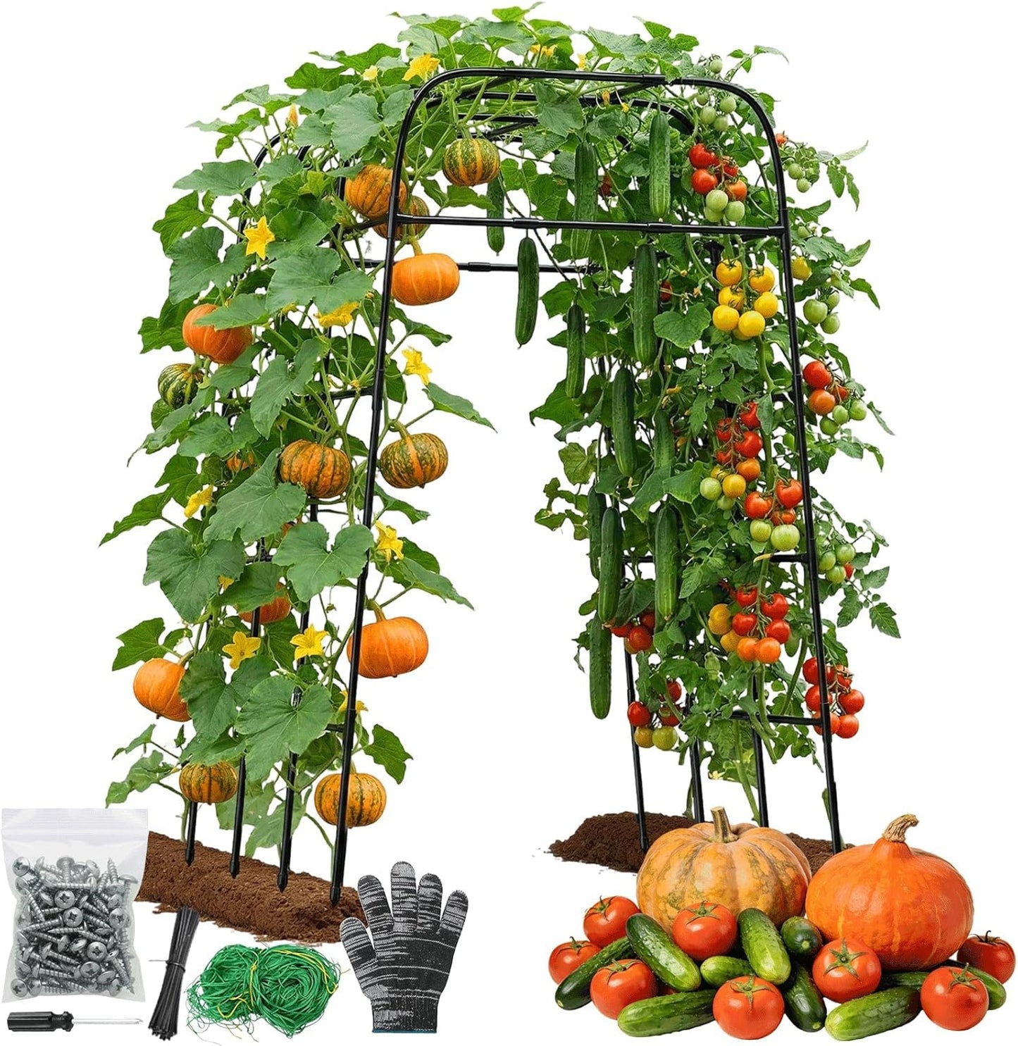 Garden Arch Trellis for Climbing Plants, 83" High Metal Cucumber Trellis & Tomato Cage, Rustproof Steel Tunnel Support for Squash, Pumpkin, Vegetables with Screw Fixation (32.3" L x 39.4" W)