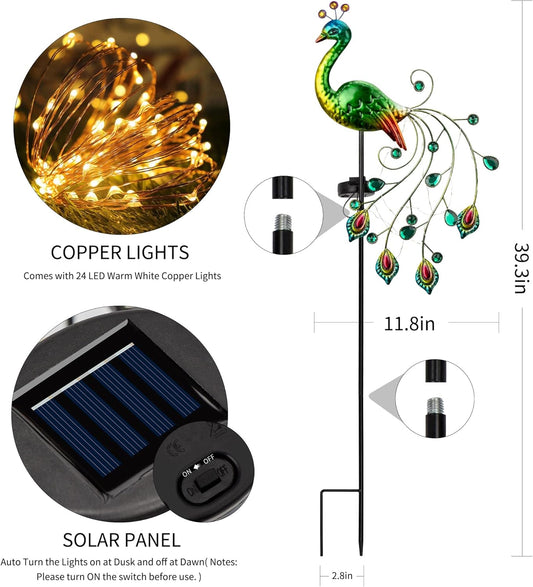 Solar Garden Lights, 39 Inch Height Outdoor Metal Peacock Decorative Garden Stakes, Mothers Day Ideal Gifts, Waterproof Path Lights Lawn Stake Ornaments for Patio Pathway Yard Decoration