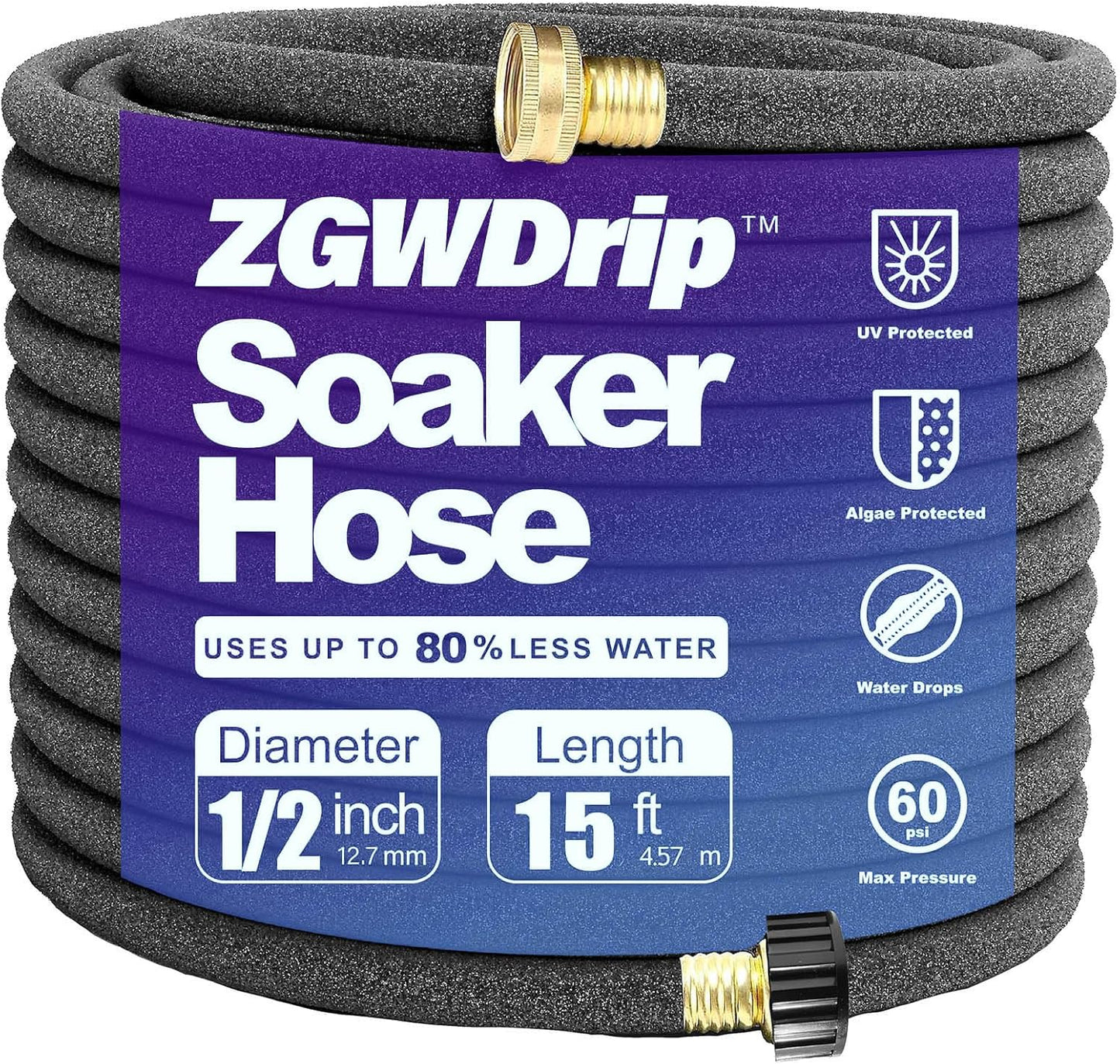 15FT 1/2" Water-Saving Soaker Hose with Solid Brass Connectors, Drip Irrigation Kit for Lawn & Yard
